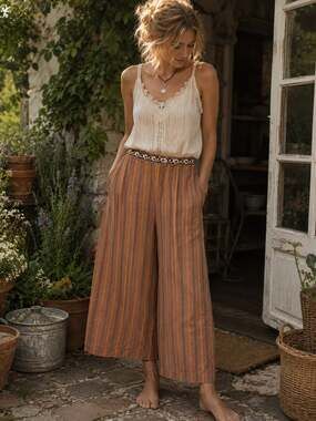 Aratta Wide Leg Culotte Pants Embroidered Waist Boho Cottagecore L